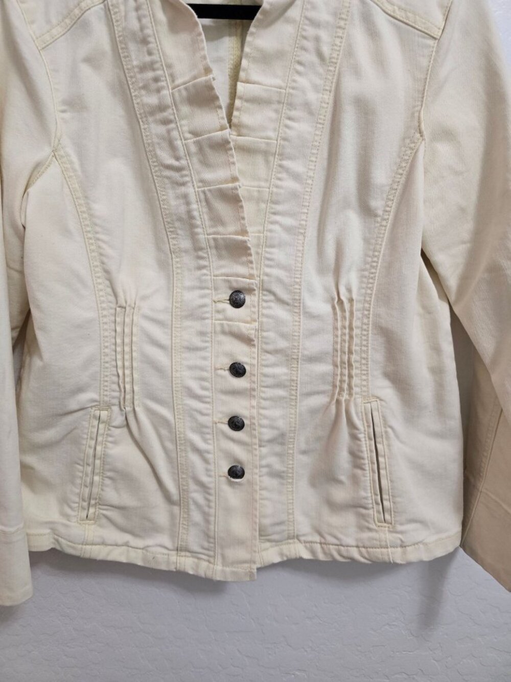 Chicos Platinum Button-Up Off White/Beige Jacket Size 2 Mandarin Collar - Picture 4 of 5